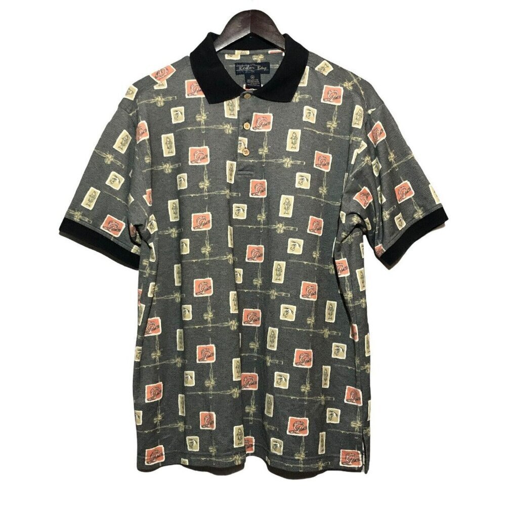 Keeler Bay Golf Polo Shirt Fishing Men Size M Fishermen Button Collar All Over